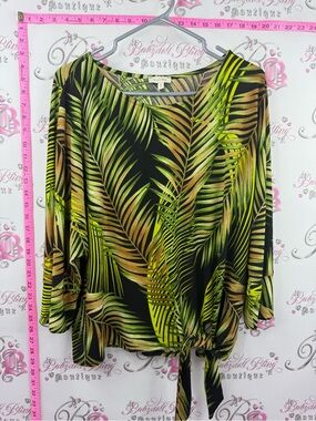 Laura tiki top Tropical Leaf Tie-Front Women's Blouse - Green Black
